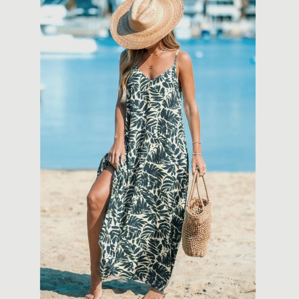 Cupshe Blue Tropical Sleeveless V-Neck Maxi Dress - Sz S